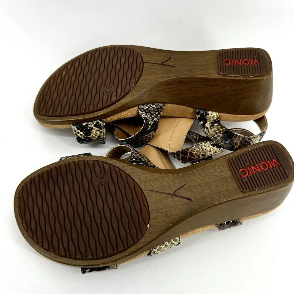 Vionic Glenda Orthaheel Sandals Snakeskin Strappy Wedge Leather Brown Black US 8